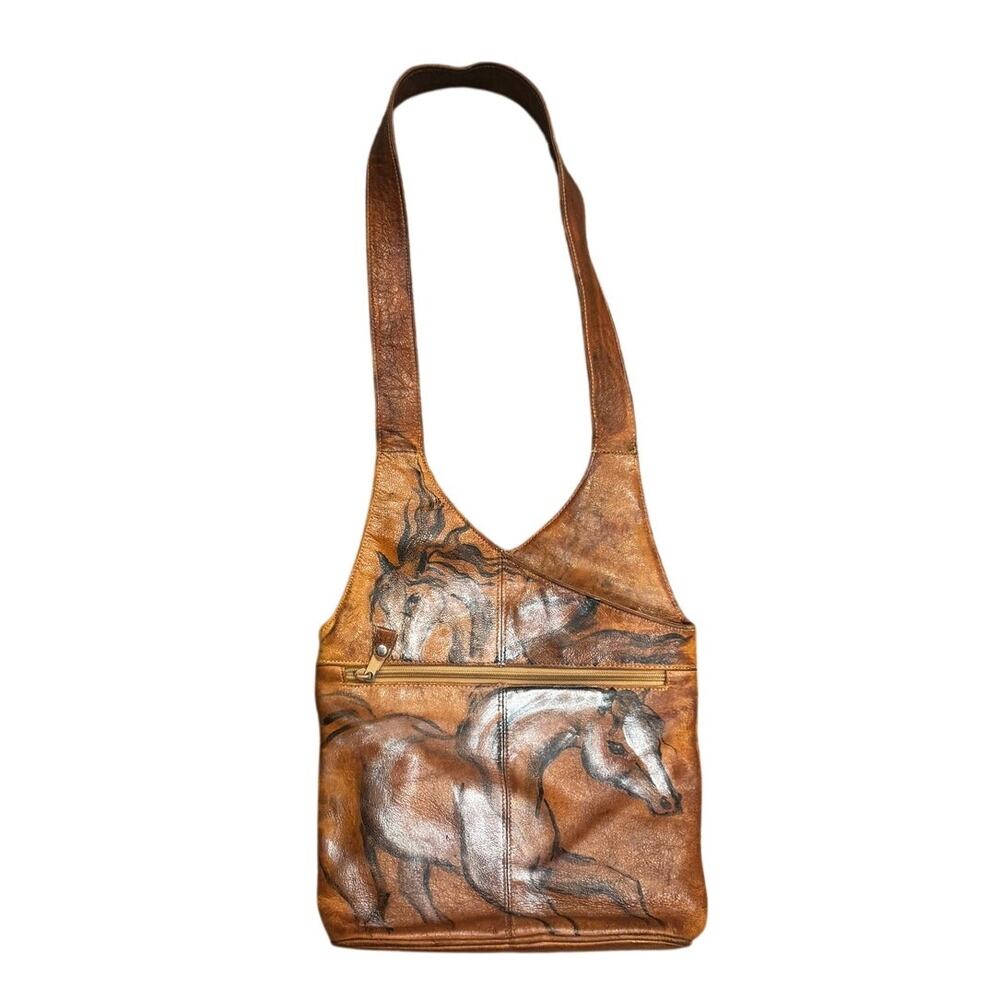 Vintage Phillippe Hand Painted Leather Horse Shoulder Bag Boho Western Purse